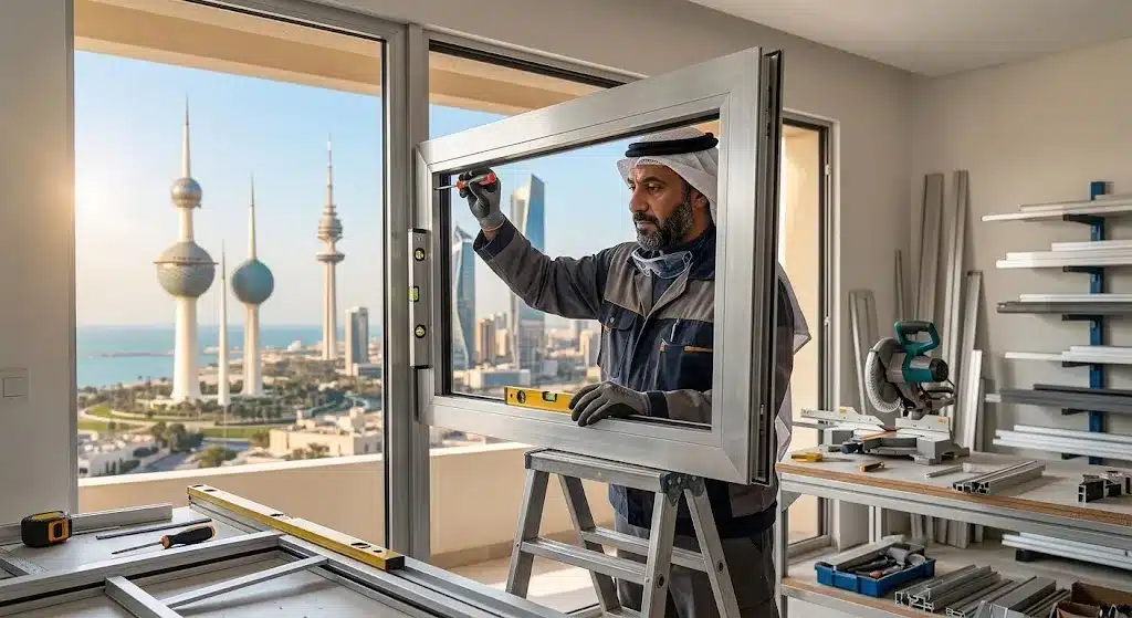 فني محترف يقوم بأعمال تفصيل وتركيب وصيانة الألمنيوم بدقة وأمان باستخدام أحدث المعدات وأجود الخامات ضمن خدمات معلم المنيوم خبرة طويلة بالكويت لضمان المتانة والمظهر الجمالي وراحة العملاء.