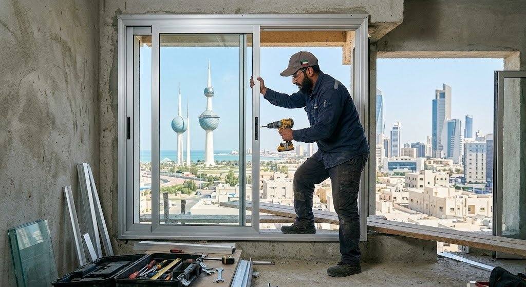 فني محترف يقوم بتفصيل وتركيب وصيانة أعمال الألمنيوم بدقة وإتقان باستخدام أحدث المعدات ضمن خدمات فني المنيوم الري بالكويت لضمان الجودة والمتانة وراحة العملاء.