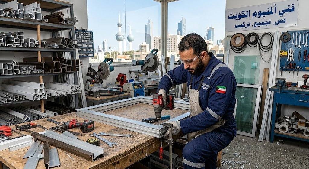 فني محترف يقوم بتفصيل وتركيب وصيانة أعمال الألمنيوم بدقة وإتقان باستخدام أحدث المعدات ضمن خدمات فني المنيوم جابر الاحمد بالكويت لضمان أعلى جودة ومتانة وراحة العملاء.