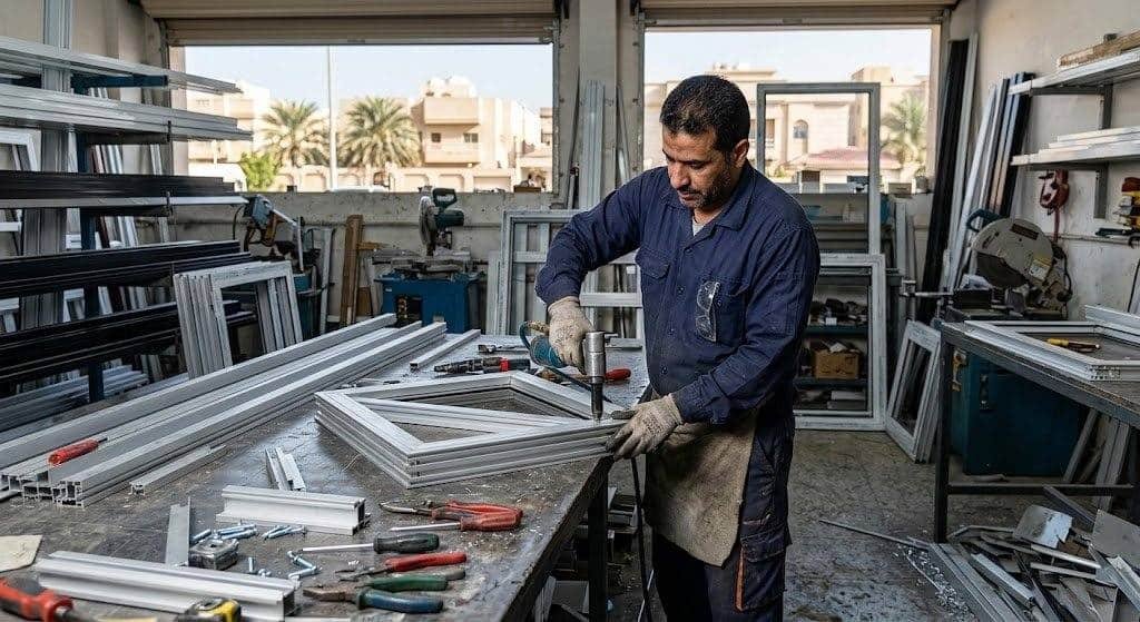 فني ألمنيوم محترف يقوم بأعمال تفصيل وتركيب وصيانة أبواب ونوافذ الألمنيوم بدقة وإتقان باستخدام أحدث الأدوات والمعدات ضمن خدمات فني المنيوم الكويت لضمان جودة العمل وراحة العملاء.