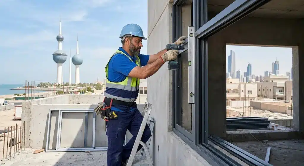 فني محترف يقوم بأعمال تركيب وتثبيت نوافذ الشتر (الرول) بدقة وأمان باستخدام أحدث المعدات وأجود الخامات ضمن خدمات تركيب شتر الكويت لضمان توفير الحماية والعزل وراحة العملاء.